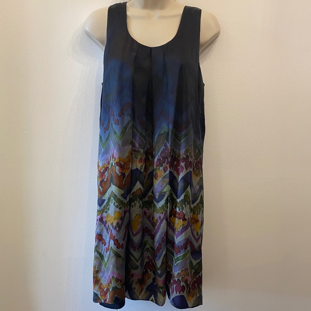 Silk watercolor print lined sleeveless dress